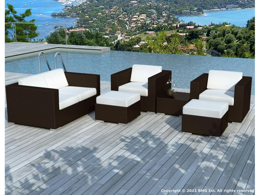 6-piece garden furniture set in chocolate-colored woven resin with off-white fabric cushions ZOPH29668