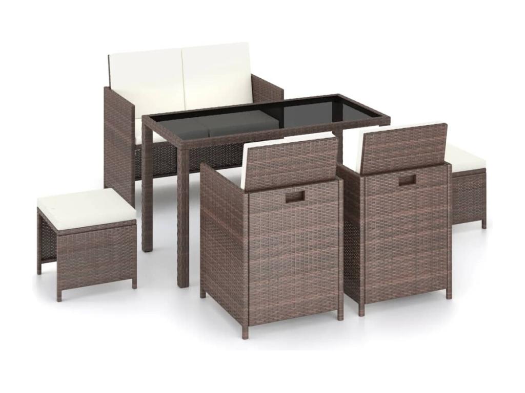 Outdoor dining set with cushions, 6 pieces, woven resin, MRBW77741