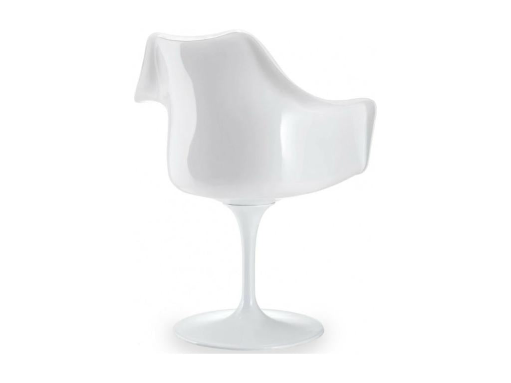 Glossy white armchair with white tulip petal fabric cushion JTZD12559