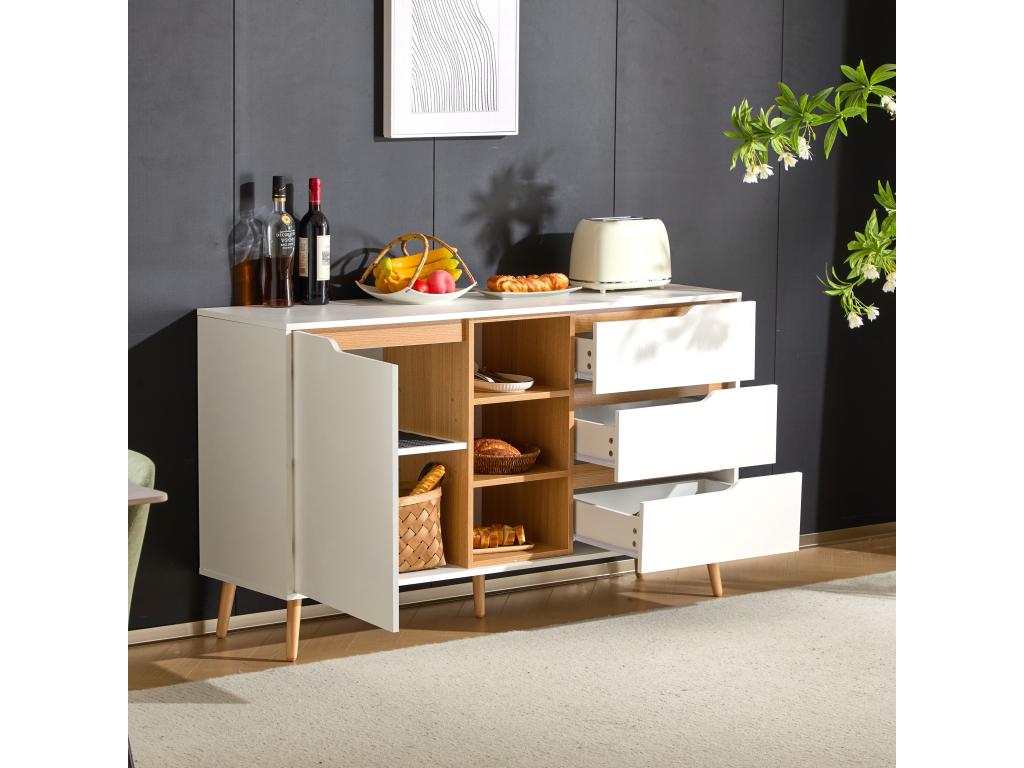 Sideboard with 1 door and 3 drawers - 140x40x80.5 cm - MDF wood - Anti-tip design - Natural white WCBM64882