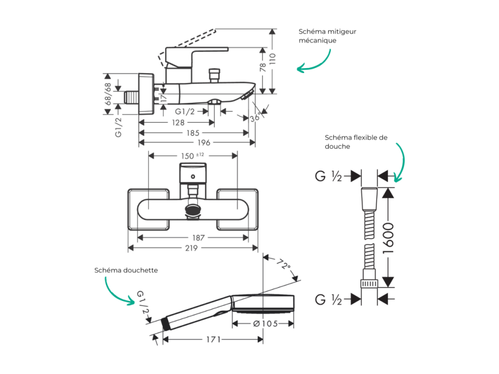 Mechanical bath mixer pack C2 Flexible shower head Select EcoSmart 105 3-jet chrome JSXM09844