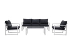 Aluminium garden furniture set: a 3-seater sofa, 2 armchairs and a coffee table - White with black cushions - Elariva QCSS91142