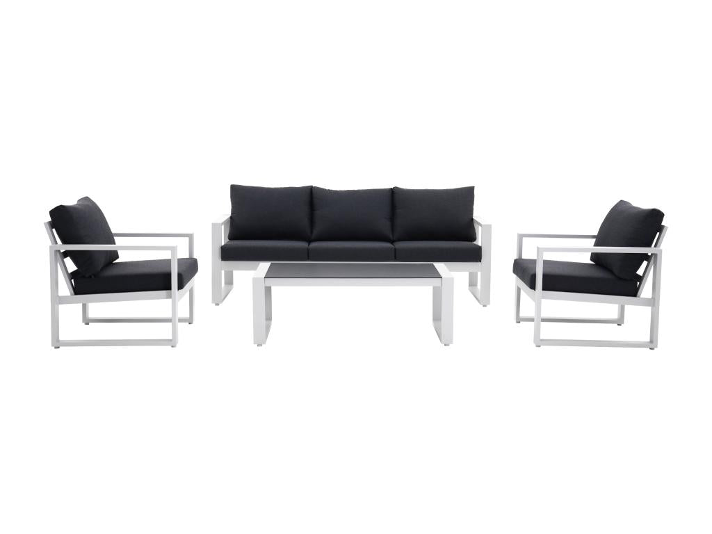 Aluminium garden furniture set: a 3-seater sofa, 2 armchairs and a coffee table - White with black cushions - Elariva QCSS91142