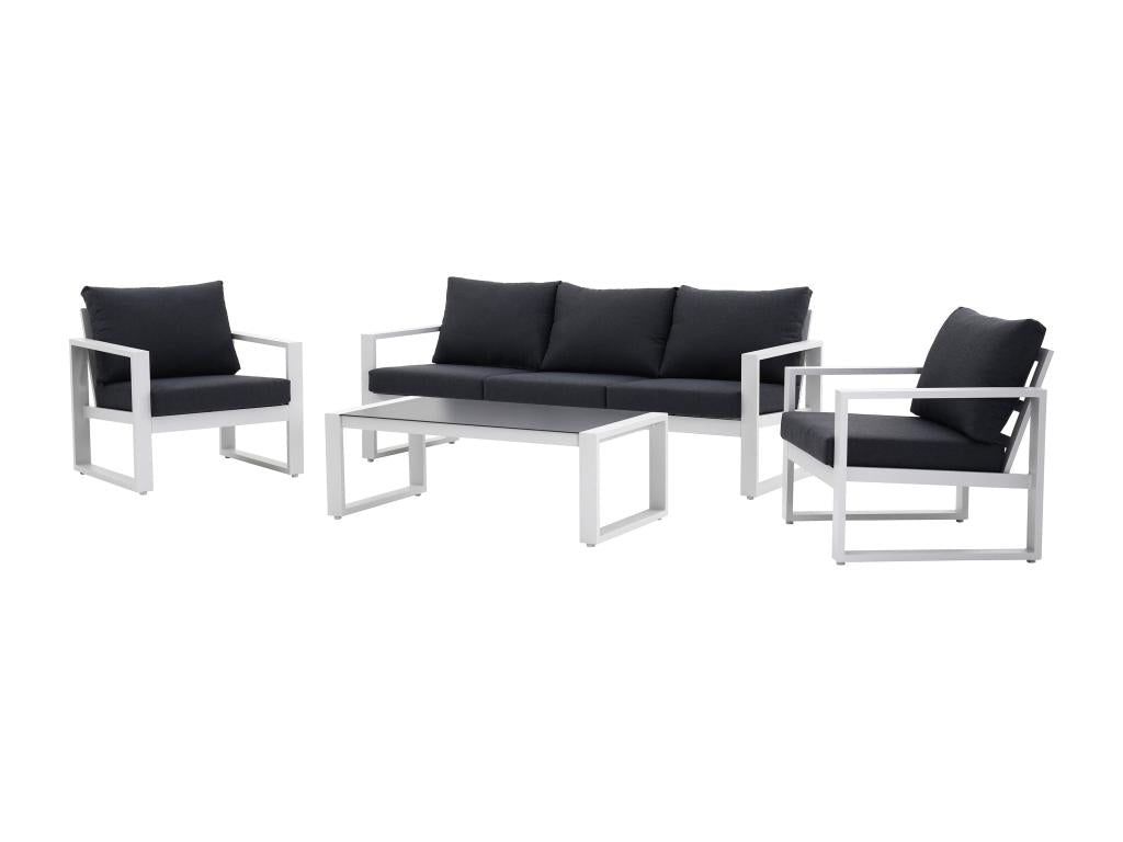 Aluminium garden furniture set: a 3-seater sofa, 2 armchairs and a coffee table - White with black cushions - Elariva QCSS91142