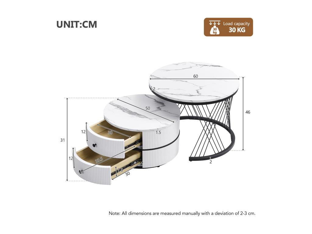 Set of 2 round nesting coffee tables with 2 drawers - 60x60x46cm and 50x50x30.8cm - Marble pattern - MDF wood and metal - Black and white YRXR77965