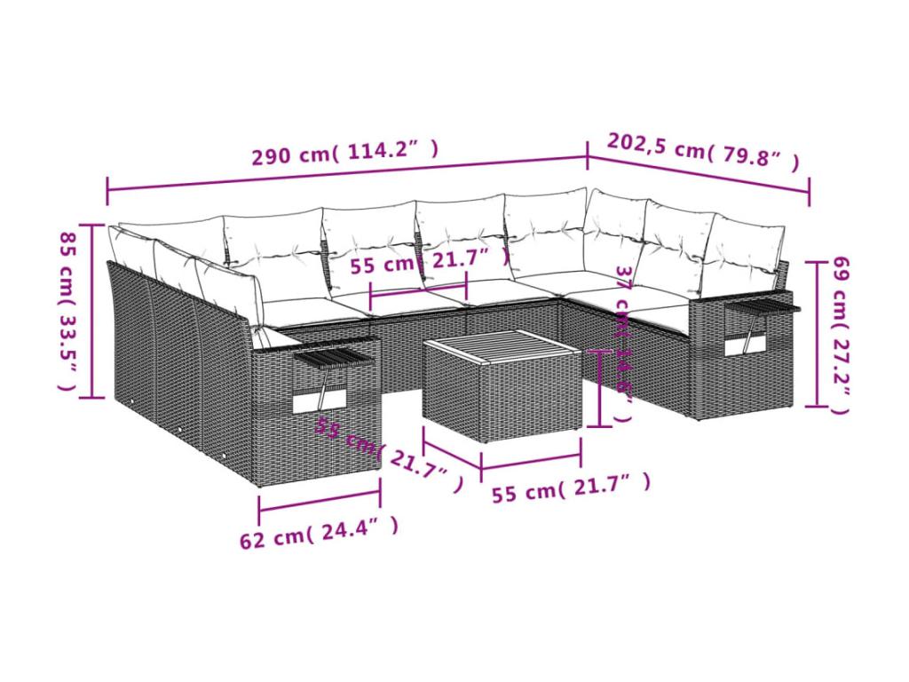 Garden furniture set with cushions, 10 pcs, grey woven resin MQCF60339