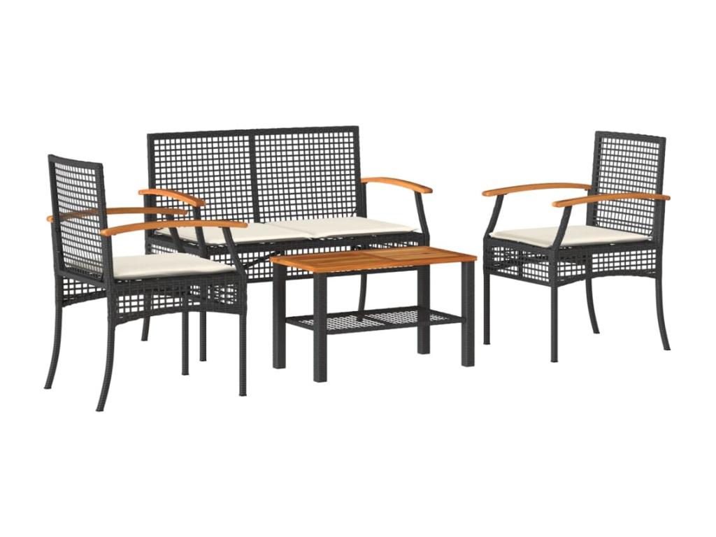 4-piece garden furniture set with cushions, black wicker resin, DMEX94757