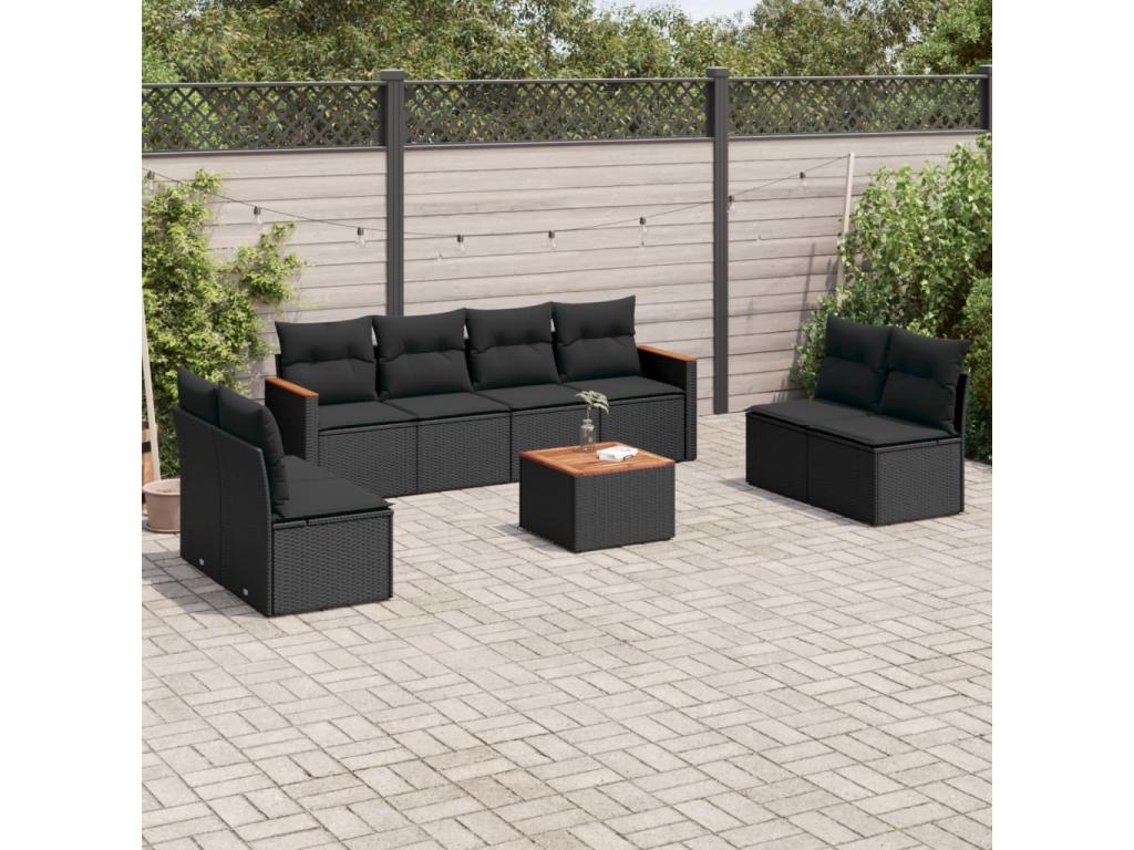 9-piece garden furniture set with cushions, black resin wicker QKPV21369