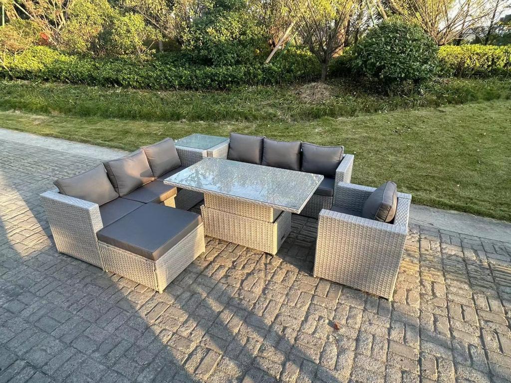 Outdoor Garden Furniture Set Height-Adjustable Dining Table with Sofa, Armchair, Side Table, Large Stools, Light Grey GADA05327