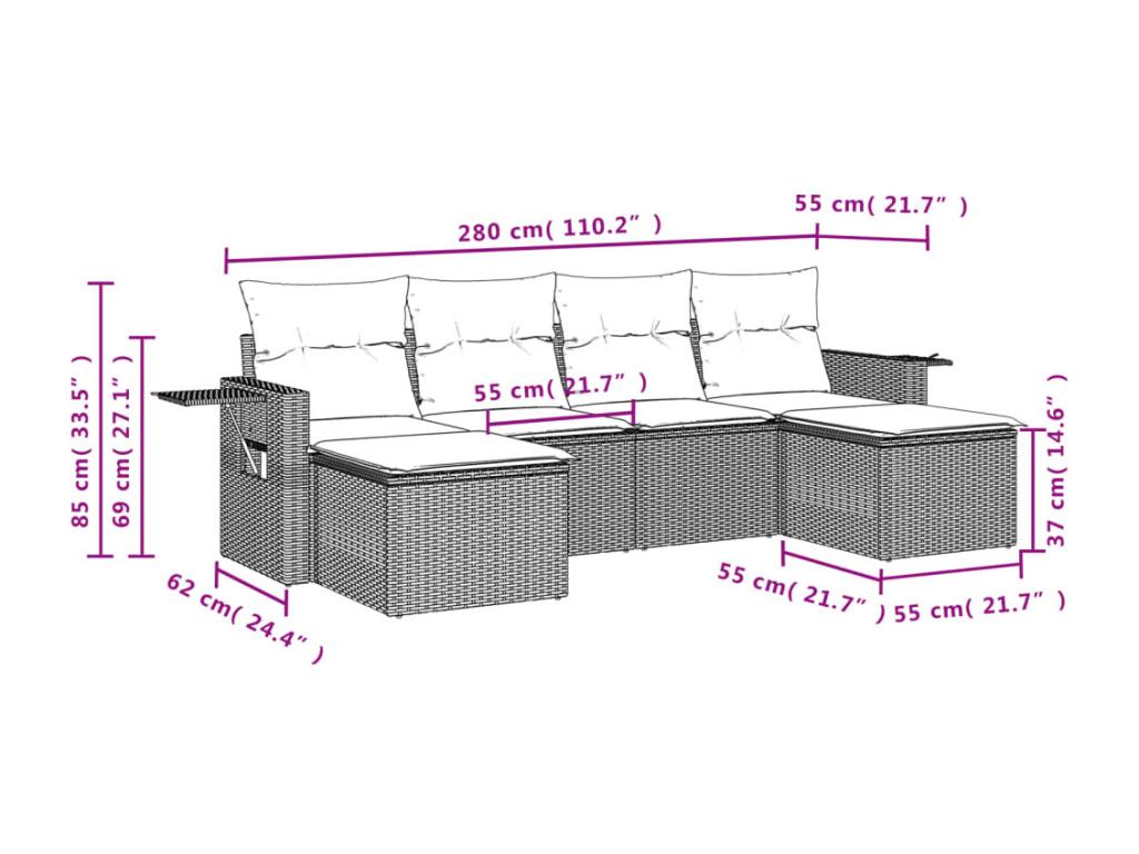 6-piece garden furniture set with cushions, black wicker resin KKTC44974