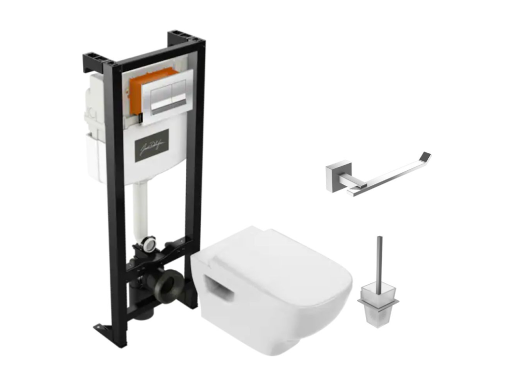 Lysvia Struktura rimless wall-hung toilet pack including seat, frame, toilet roll holder and toilet brush holder PIEK27942