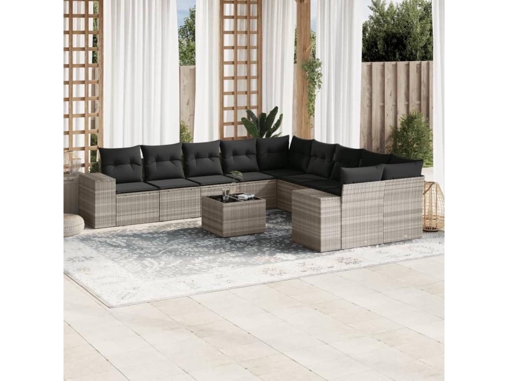 11-piece garden furniture set with light grey cushions, woven resin EBPS41759