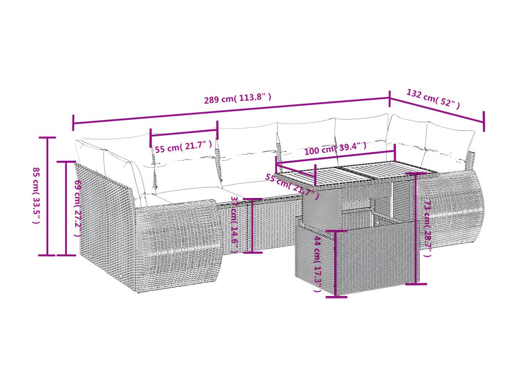 8-piece garden furniture set with grey resin wicker cushions MXYK68782