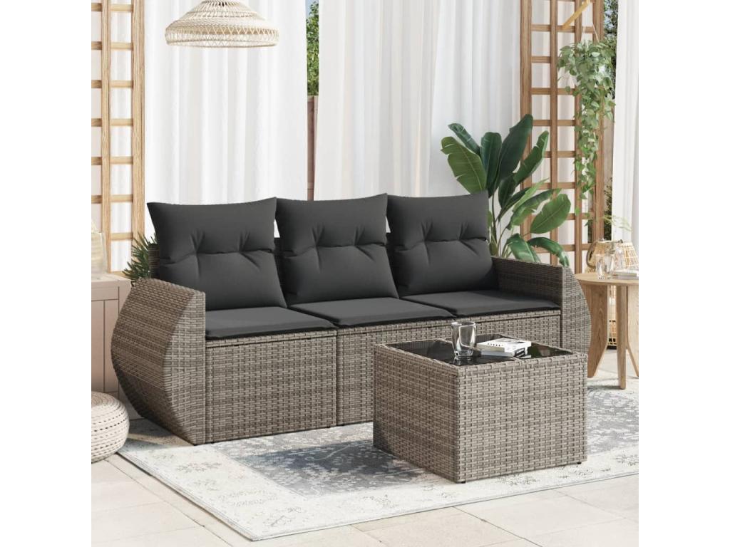 4-piece garden furniture set with grey resin wicker cushions TFXX02040