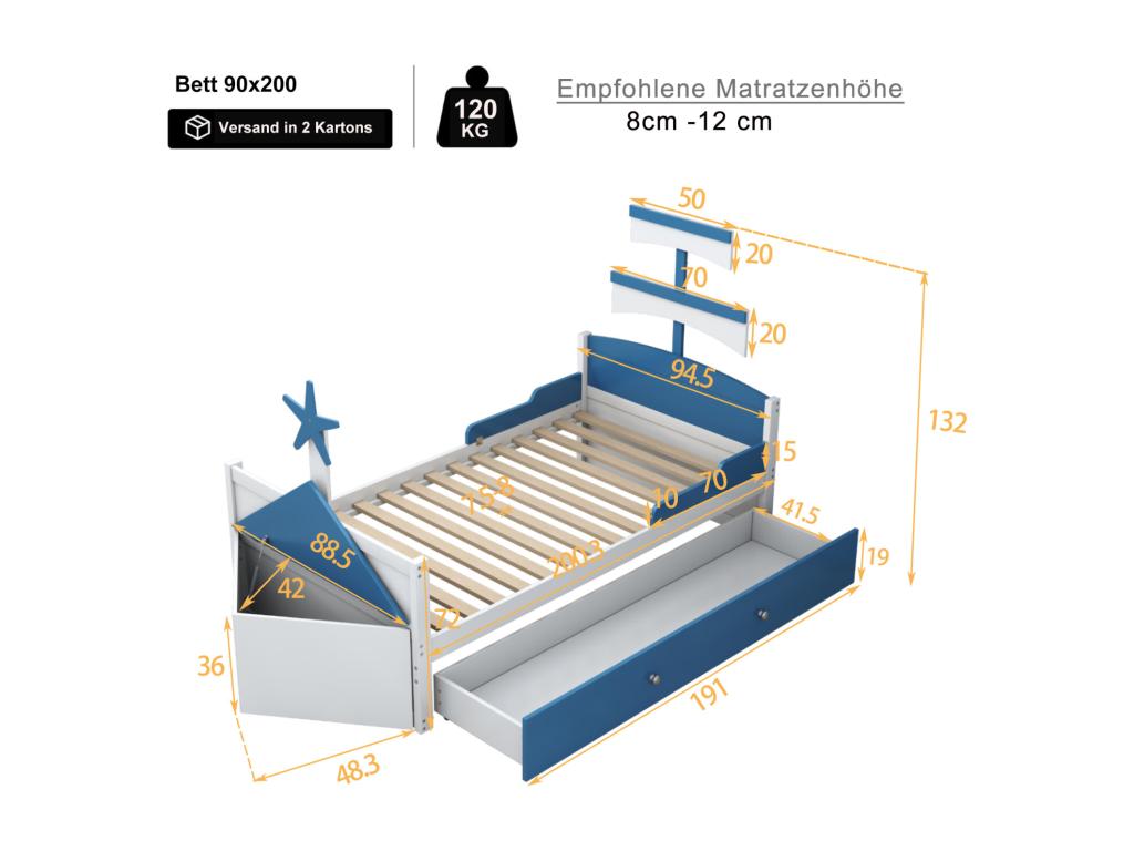 Children's single bed 90x200cm, sailboat-shaped bed frame with 1 large drawer and storage cupboard, blue NDWU14823