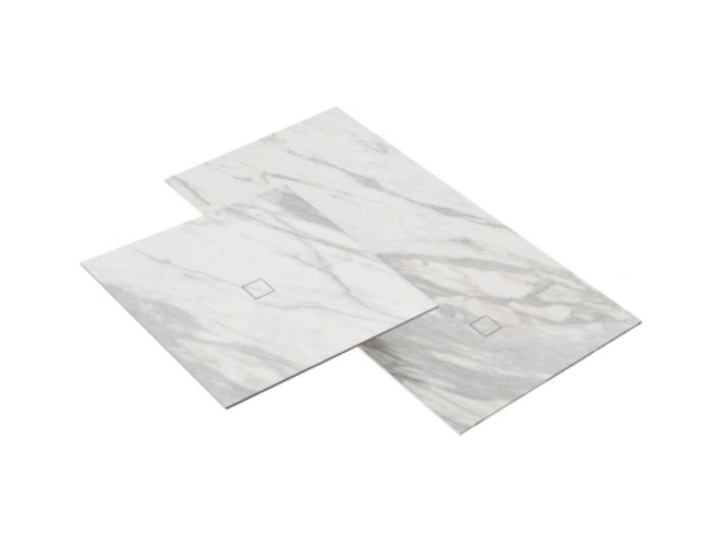 90x90 cm tileable shower tray with white marble finish, adhesive, horizontal drain, waterproofing AEXM50909
