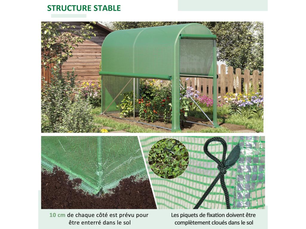 Garden greenhouse, tomato greenhouse, dimensions: 3m (L) x 1m (W) x 2m (H), roll-up zippered door, 2 roll-up side windows, steel, high-density PE, green, KSOA15431