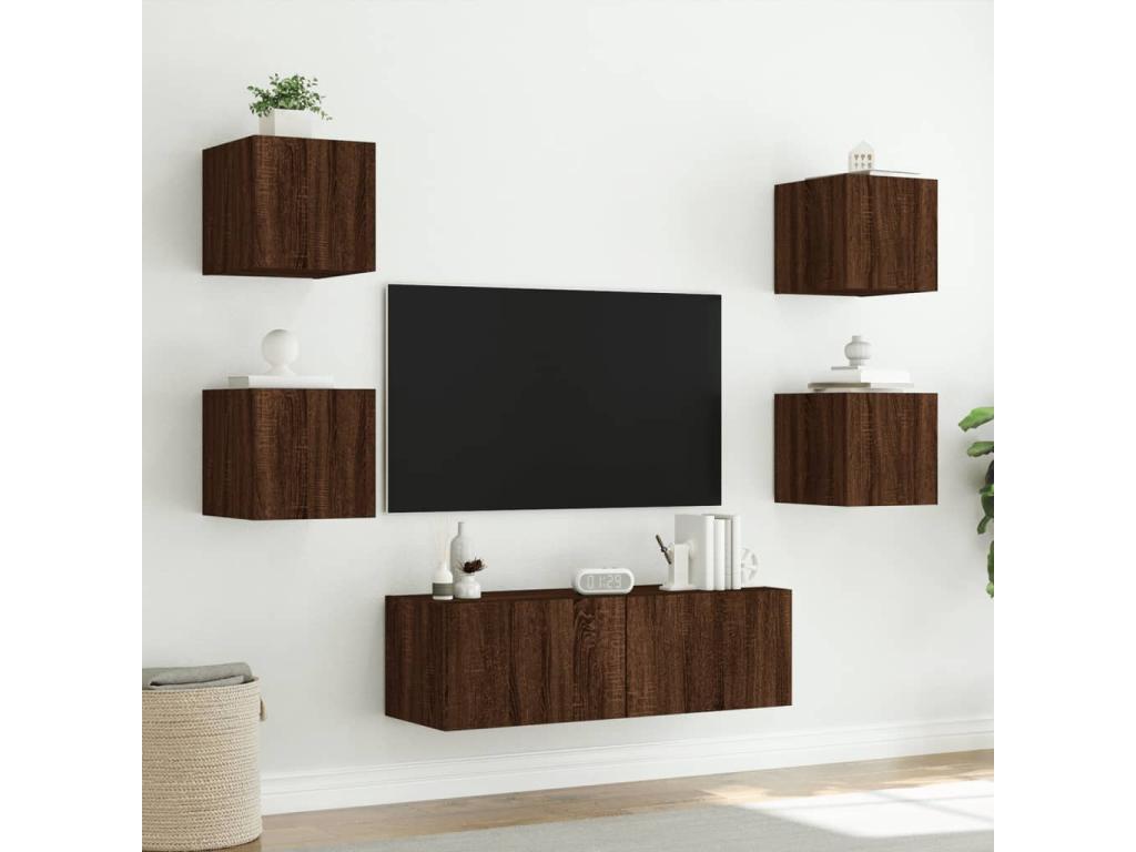 5-piece wall-mounted TV unit with LED lights, brown oak WQUP75513