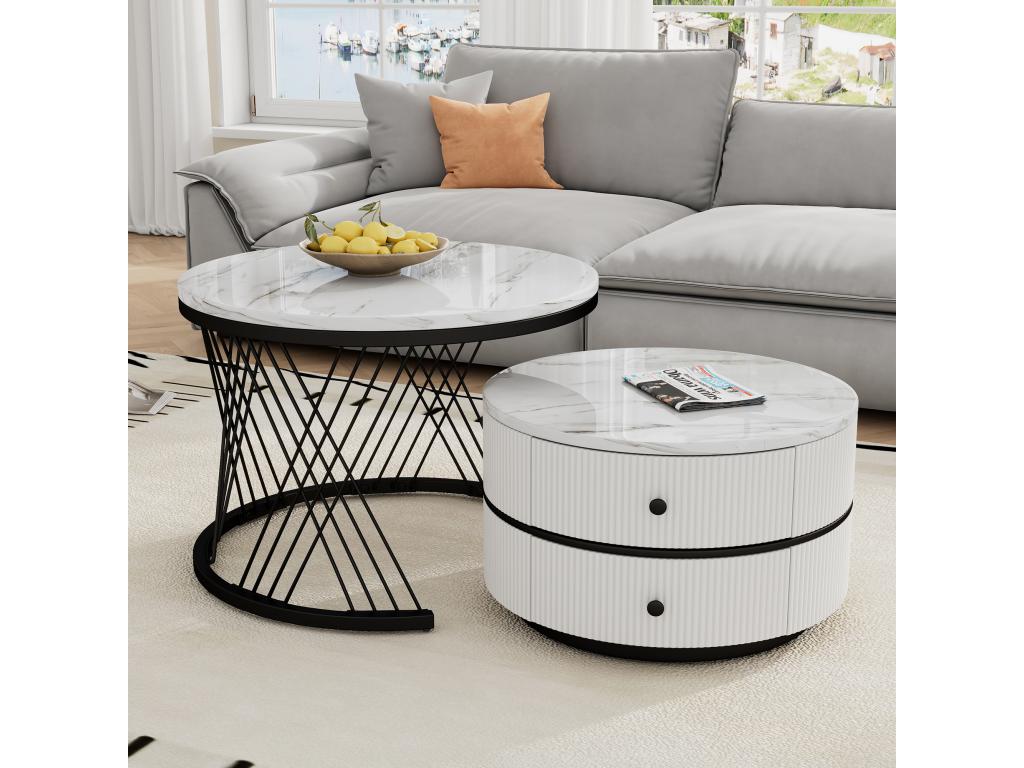 Set of 2 round nesting coffee tables with 2 drawers - 60x60x46cm and 50x50x30.8cm - Marble pattern - MDF wood and metal - Black and white YRXR77965