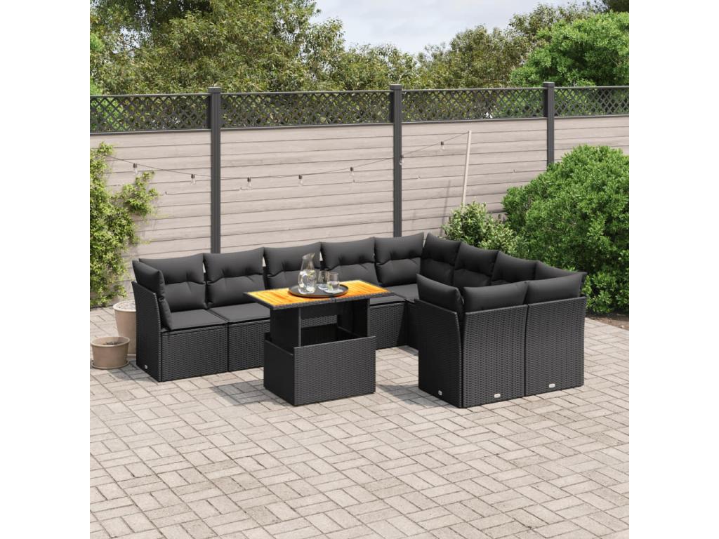10-piece garden furniture set with cushions, black resin wicker WBLC26906