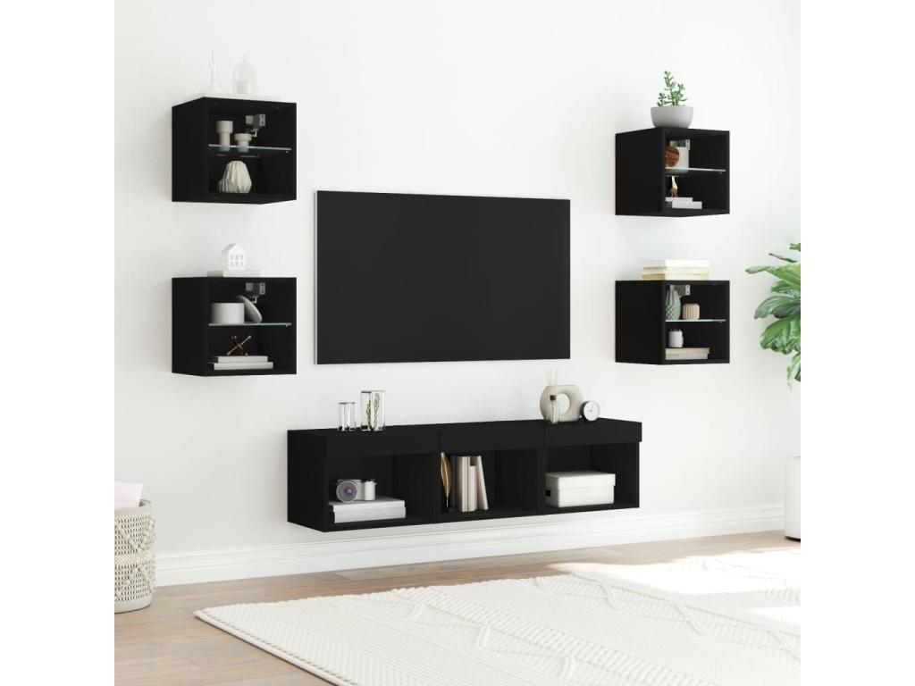 TV wall units with LED, 7 pieces, black engineered wood finish, DEFW17434