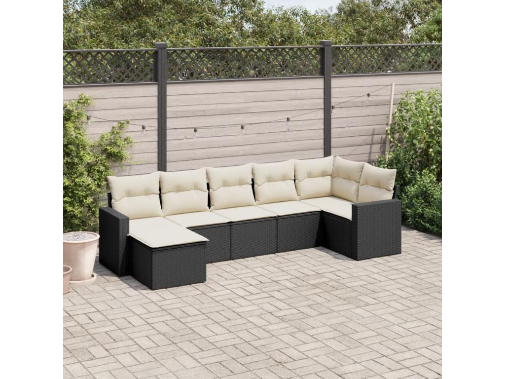 7-piece garden furniture set with cushions, black woven resin XXED90373