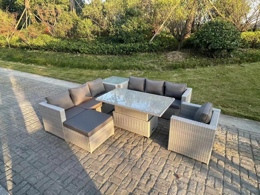Outdoor Garden Furniture Set Height-Adjustable Dining Table with Sofa, Armchair, Side Table, Large Stools, Light Grey GADA05327