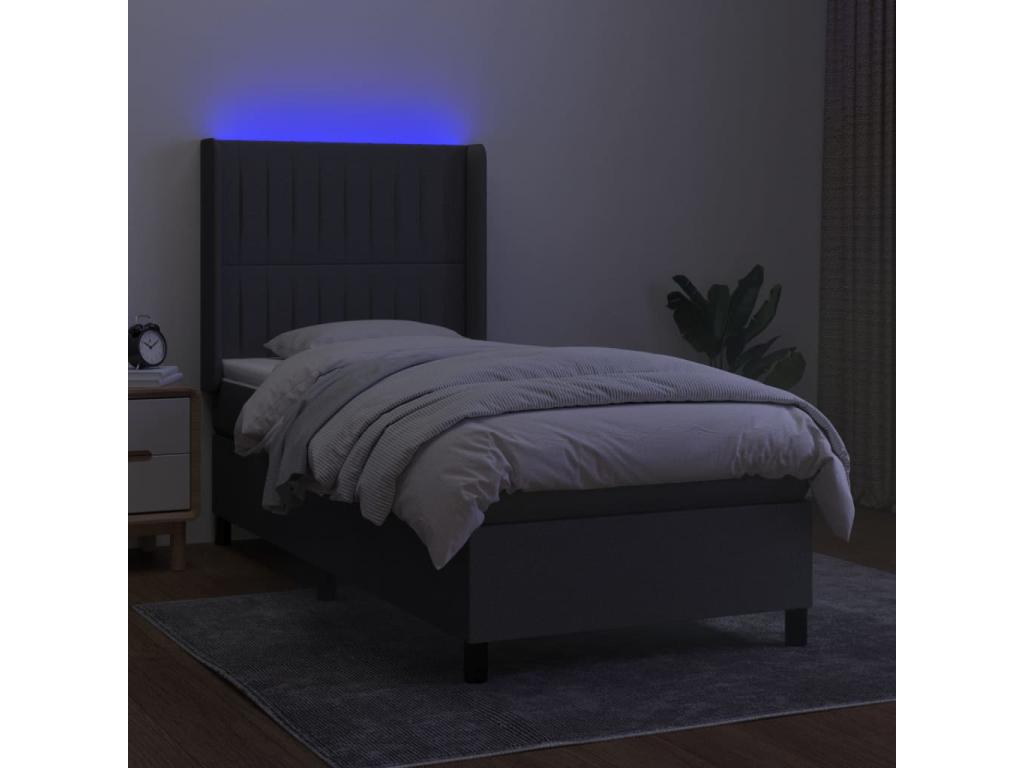 Upholstered bed base and mattress with LED lighting, Dark Grey, 100x200 cm, Fabric IXQX47073