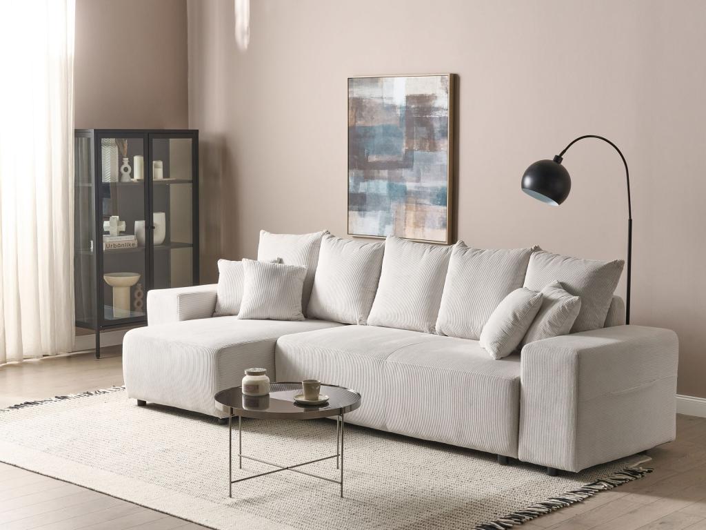 Luspa OJVD99559 Modern Left-Hand Corner Sofa with Sleeping Area and Cushions in Light Beige Corduroy