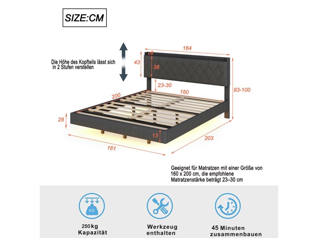 160x200cm suspended double bed with LED lighting, linen fabric, slatted base and headboard with USB charging port, grey MUZO25918