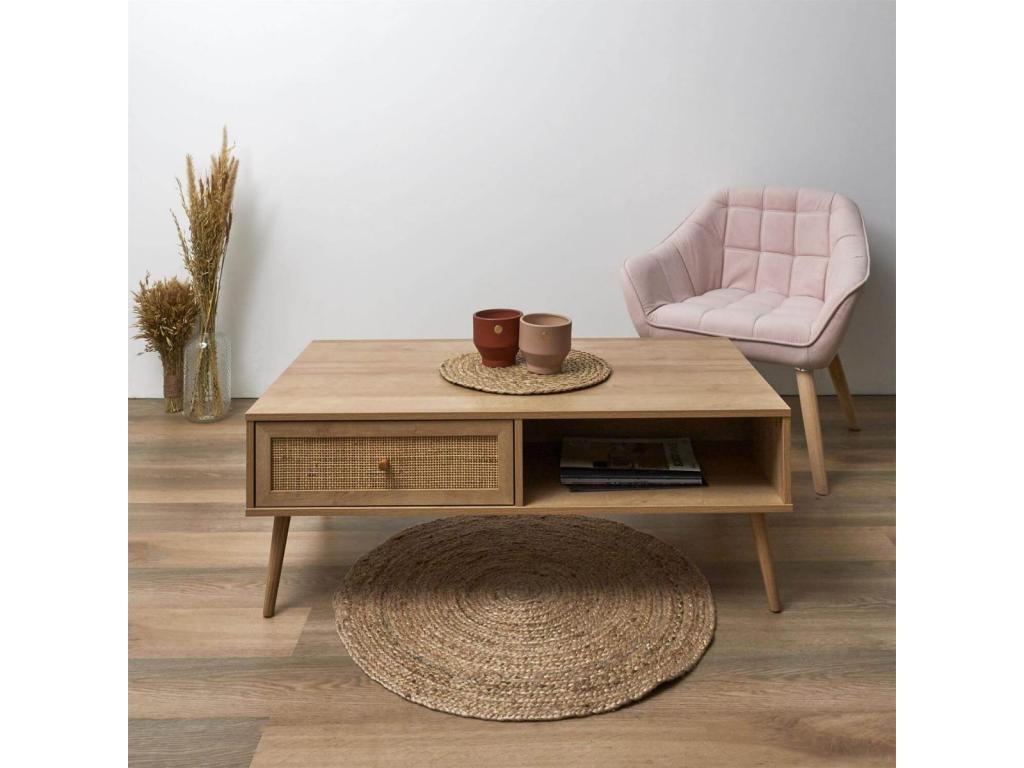Elariva - Coffee Table with 1 Drawer, Wood Effect and Rattan Front GIVL61476