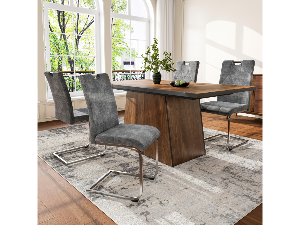 Table and 4 cantilever chairs in grey velvet - 138.5x80x75 cm - MDF wood - Brown OPAJ88208