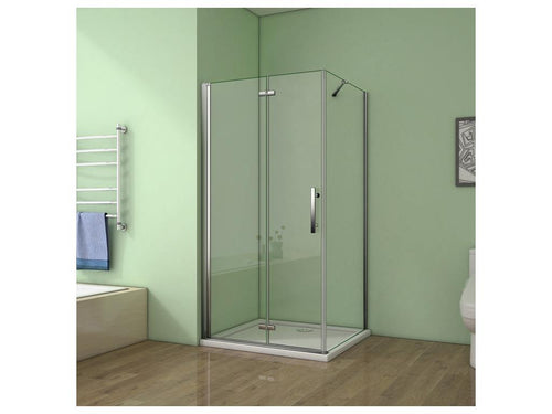 Pivoting and folding shower enclosure 76x80x185cm in 6mm anti-limescale glass, shower door, side panel with fixed corner bar OOMY41958