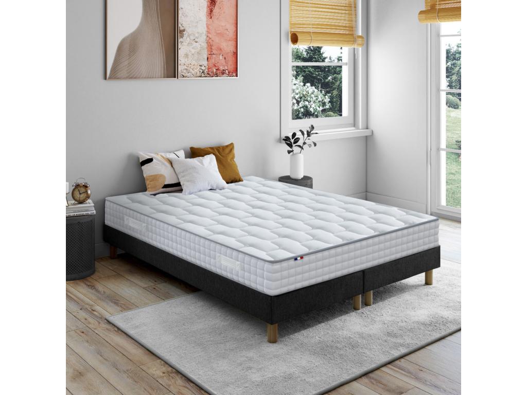 Bedding set: spring mattress and bed base - French quality. Dimensions: 2 x 80 x 200 cm. Bed base: Black OFDF19002