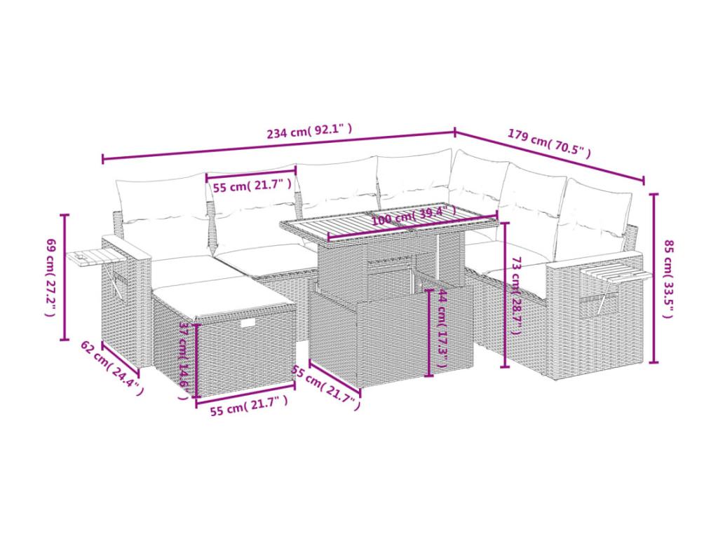 8-piece garden furniture set with grey resin wicker cushions GOQU08293