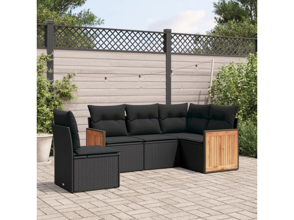 5-piece garden furniture set with cushions, black woven resin PAVQ21210