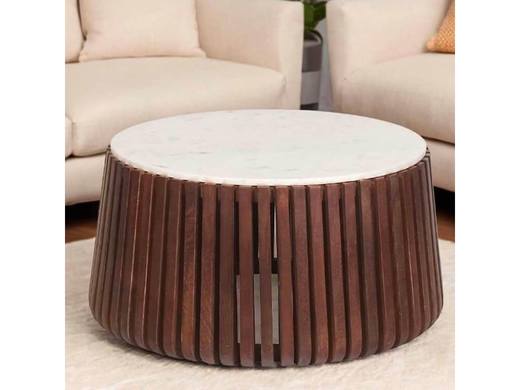 Elariva - White Marble Coffee Table with Walnut-Stained Mango Wood Base XRAX95183