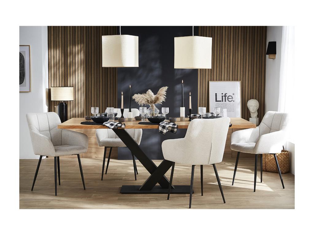 Set of 2 Lysvia SXHH07423 quilted designer chairs in beige textured velvet-effect fabric and black metal