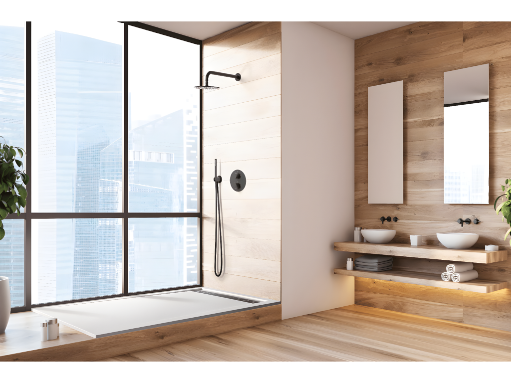 80x145 cm shower tray with side grate, RAL 1001, made of synthetic resin and marble powder, with drain WPJB45706