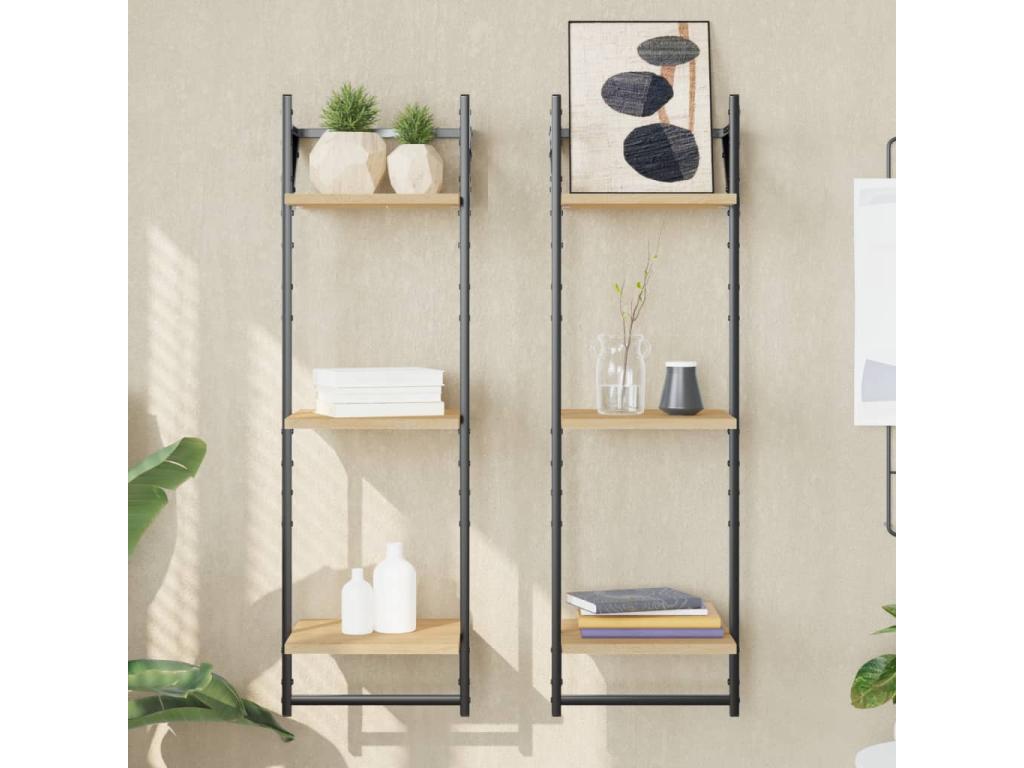 3-Tier Wall Shelves with Bars, 2 pcs, Oak, Boisona LKPM65382