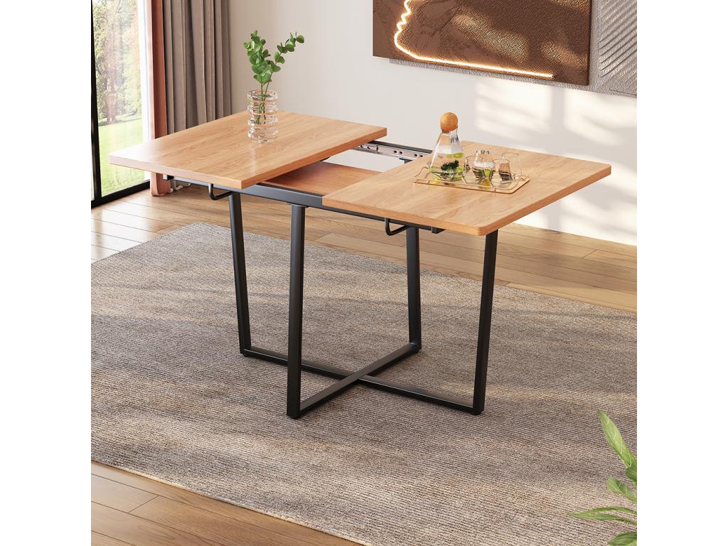 Extendable dining table suitable for 4-6 people, modern and understated black metal table legs, light oak finish HZDY85618