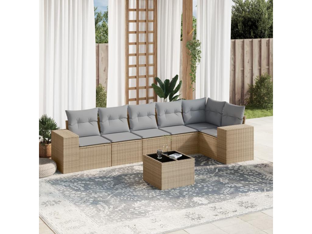 Garden furniture set with cushions, 7 pieces, beige woven resin, CMTL68851