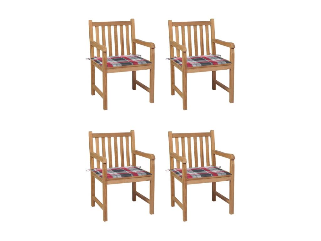 4-piece garden chairs and red checkered cushions, solid teak OBLJ55318