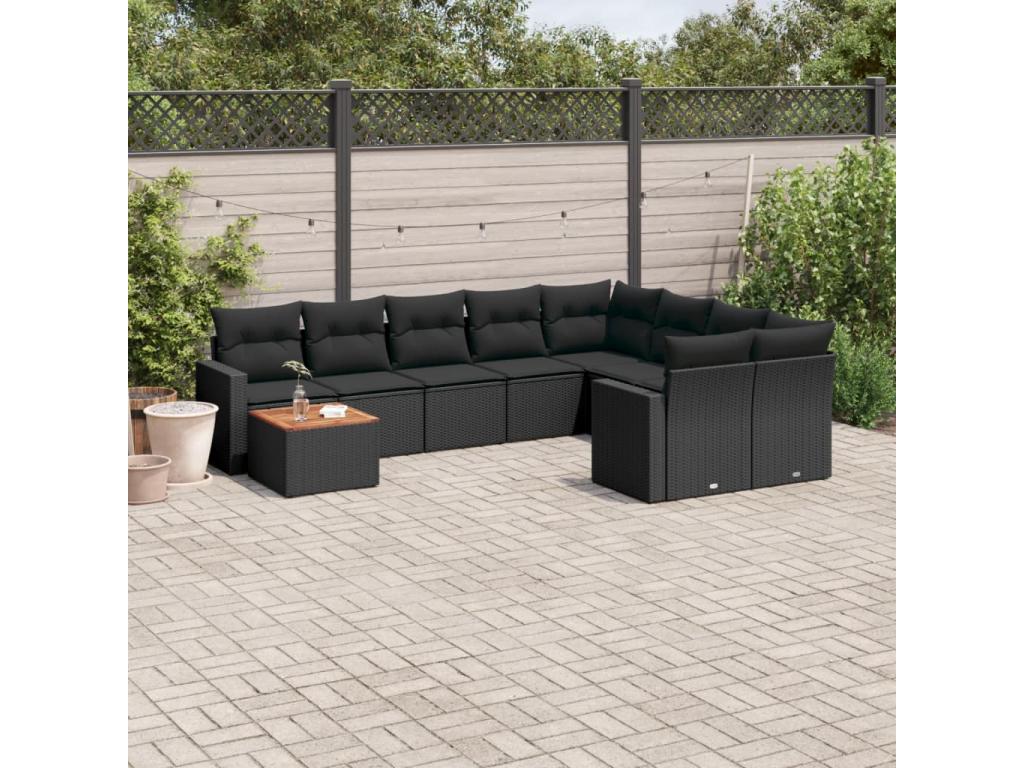 10-piece garden furniture set with cushions, black woven resin DLJR51897