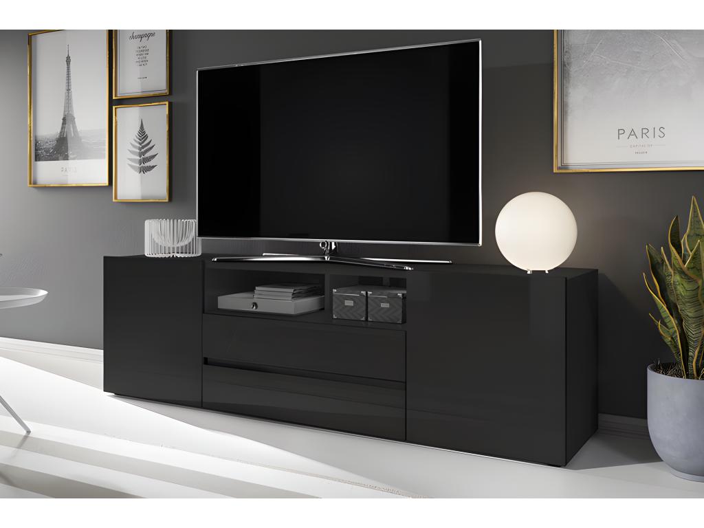 TV stand / TV bench, matte black / glossy black, 137 cm with LED lighting - Boisona LFEZ96936