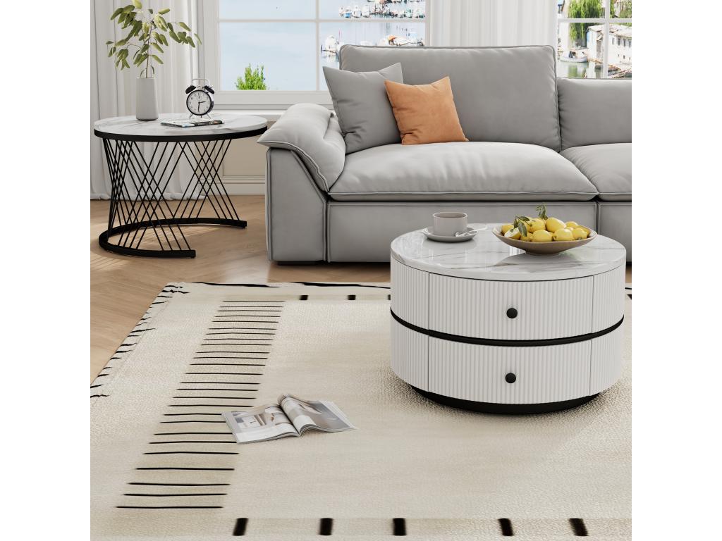 Set of 2 round nesting coffee tables with 2 drawers - 60x60x46cm and 50x50x30.8cm - Marble pattern - MDF wood and metal - Black and white YRXR77965