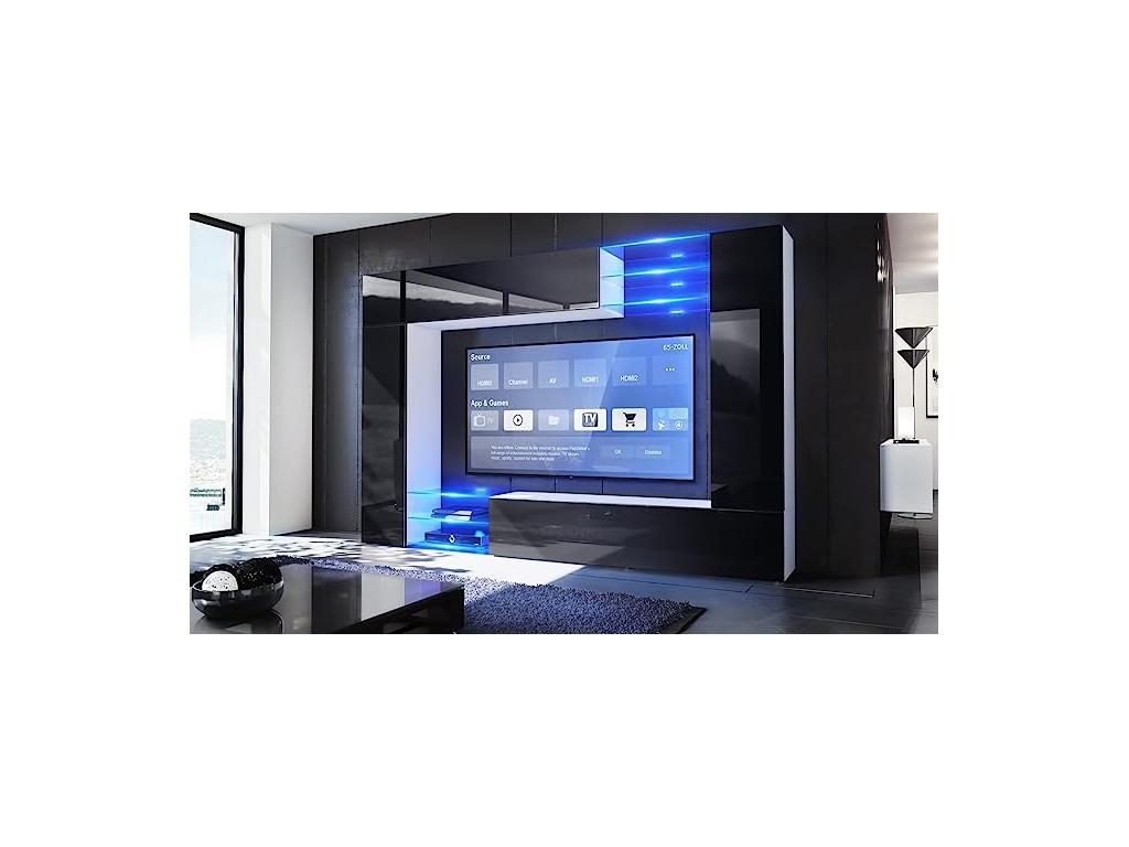 Wall unit with matte white body/high-gloss black LED fronts, 183x262x39 cm, WGGN01507