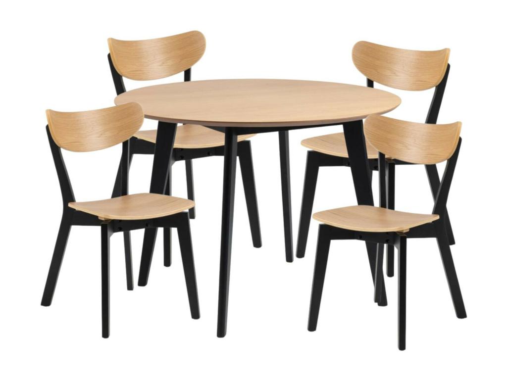 Round oak/black wood table D105, 4 oak/black chairs - Elariva MTPR92034