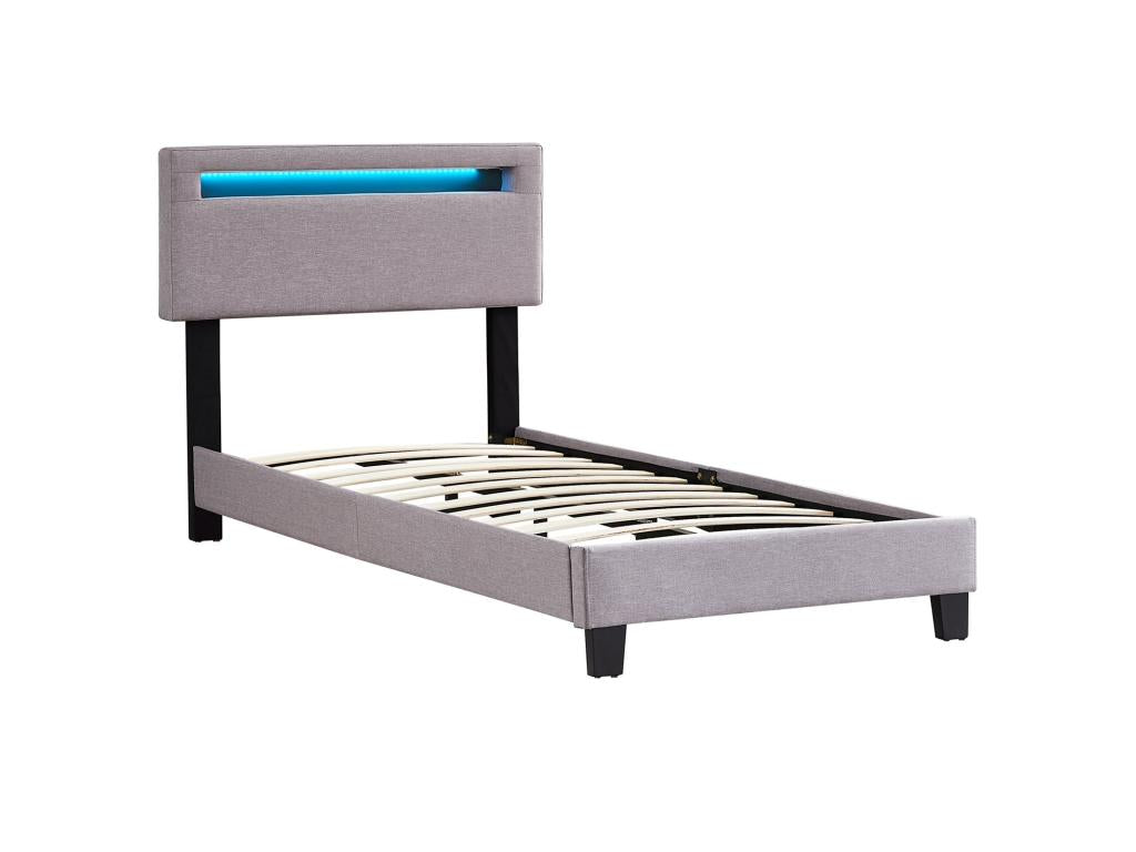 Single LED bed 90x190 cm with slatted base and height-adjustable headboard in grey fabric Elariva XSOQ51562