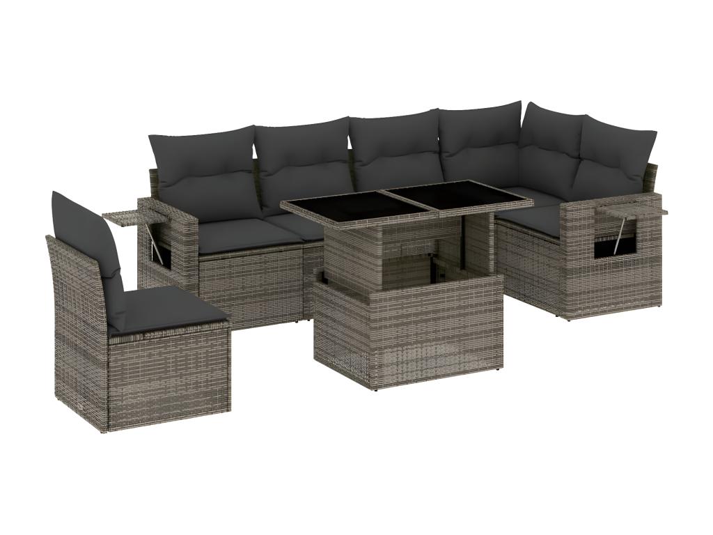 Garden furniture set with cushions, 7 pieces, grey woven resin, UYHU08012